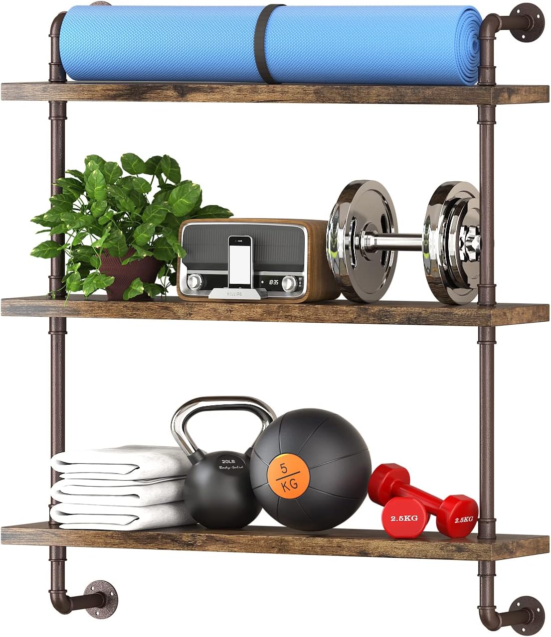 Helsin 3 Tier Industrial Pipe Shelf Rustic Wood Floating Shelves,Wall Display Bookshelf,Storage Rack Sundries Holder for Kitchen Office Bathroom Organization and Home Decor (24inch)