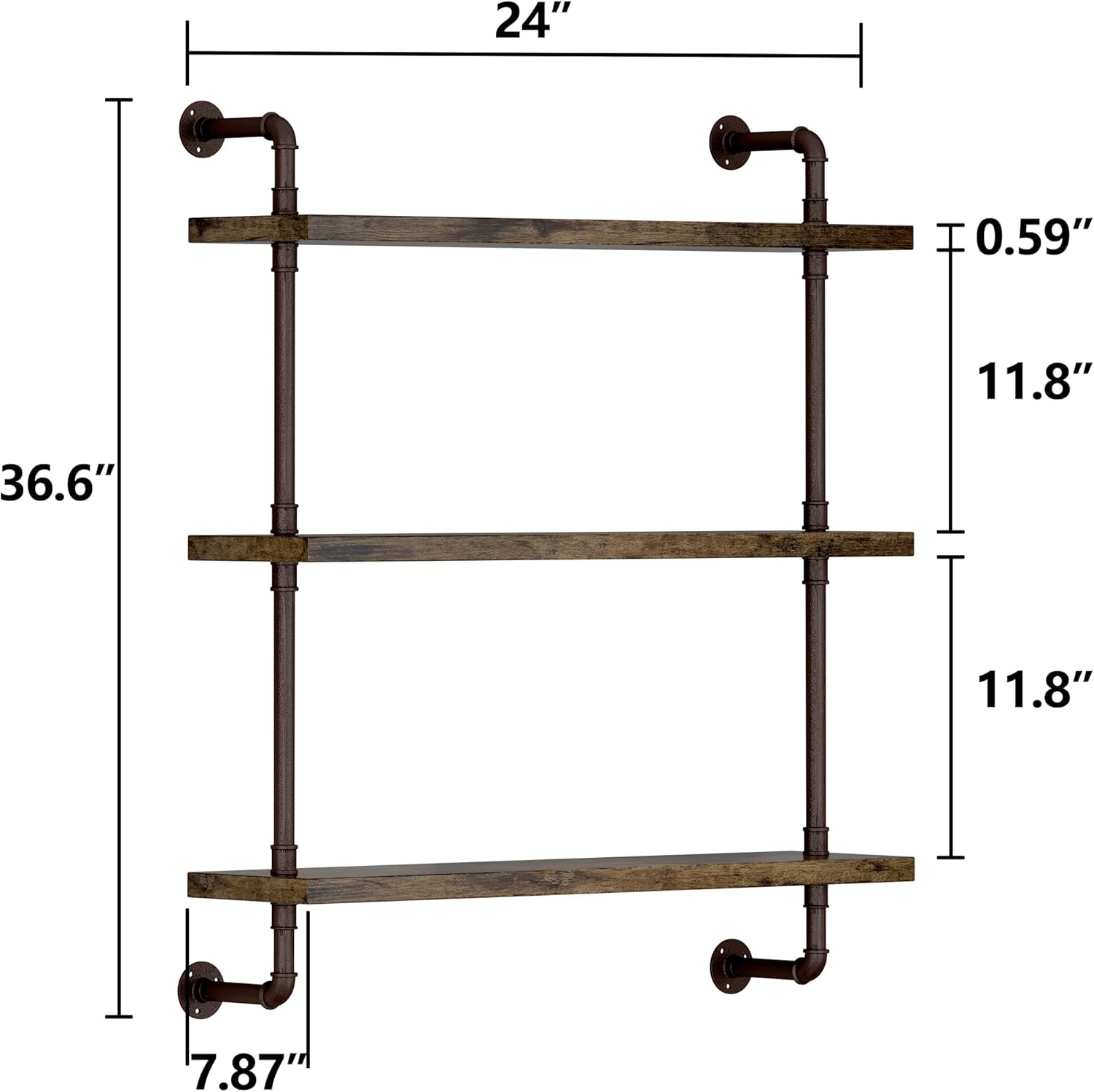 Helsin 3 Tier Industrial Pipe Shelf Rustic Wood Floating Shelves,Wall Display Bookshelf,Storage Rack Sundries Holder for Kitchen Office Bathroom Organization and Home Decor (24inch)