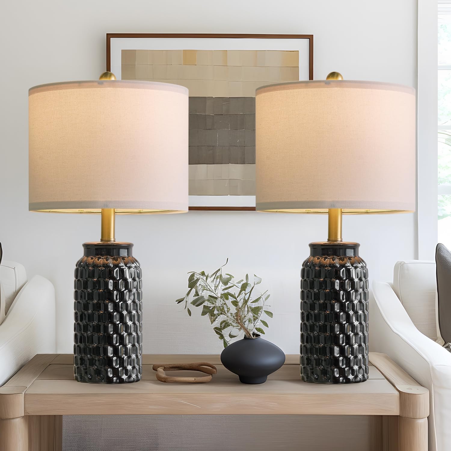 20.5" White Modern Ceramic Bedside Lamp Set of 2 for Bedroom Decor Farmhouse Table Lamp for Living Room Office Dorm