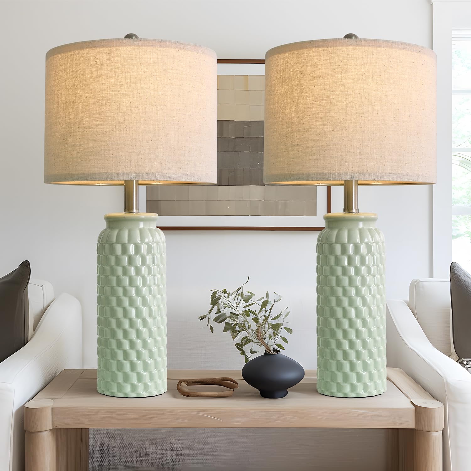 20.5" White Modern Ceramic Bedside Lamp Set of 2 for Bedroom Decor Farmhouse Table Lamp for Living Room Office Dorm