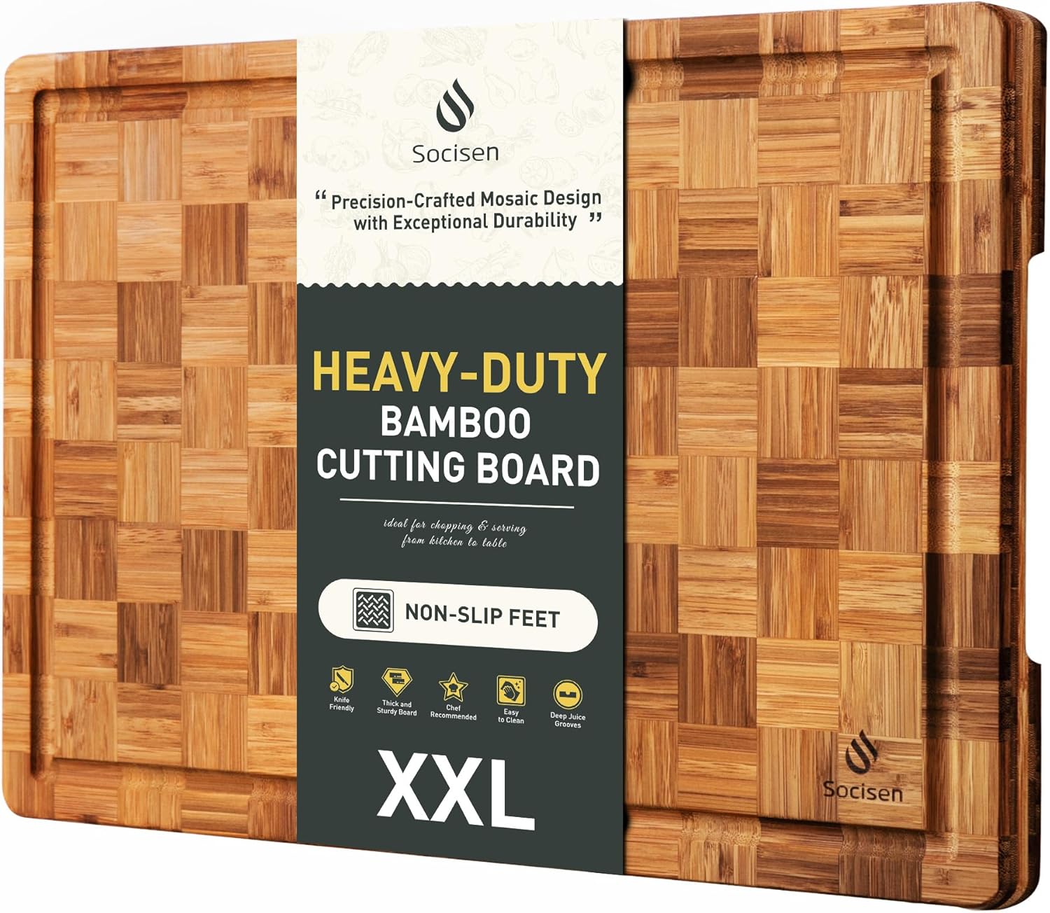 3 Pack Heavy Duty Bamboo Cutting Board Set Non Toxic Wooden Cutting Board for Kitchen Non Slip Solid End Grain Thick Wood Juice Groove Chopping Board Extra Large Big Small Best House Warming Gift