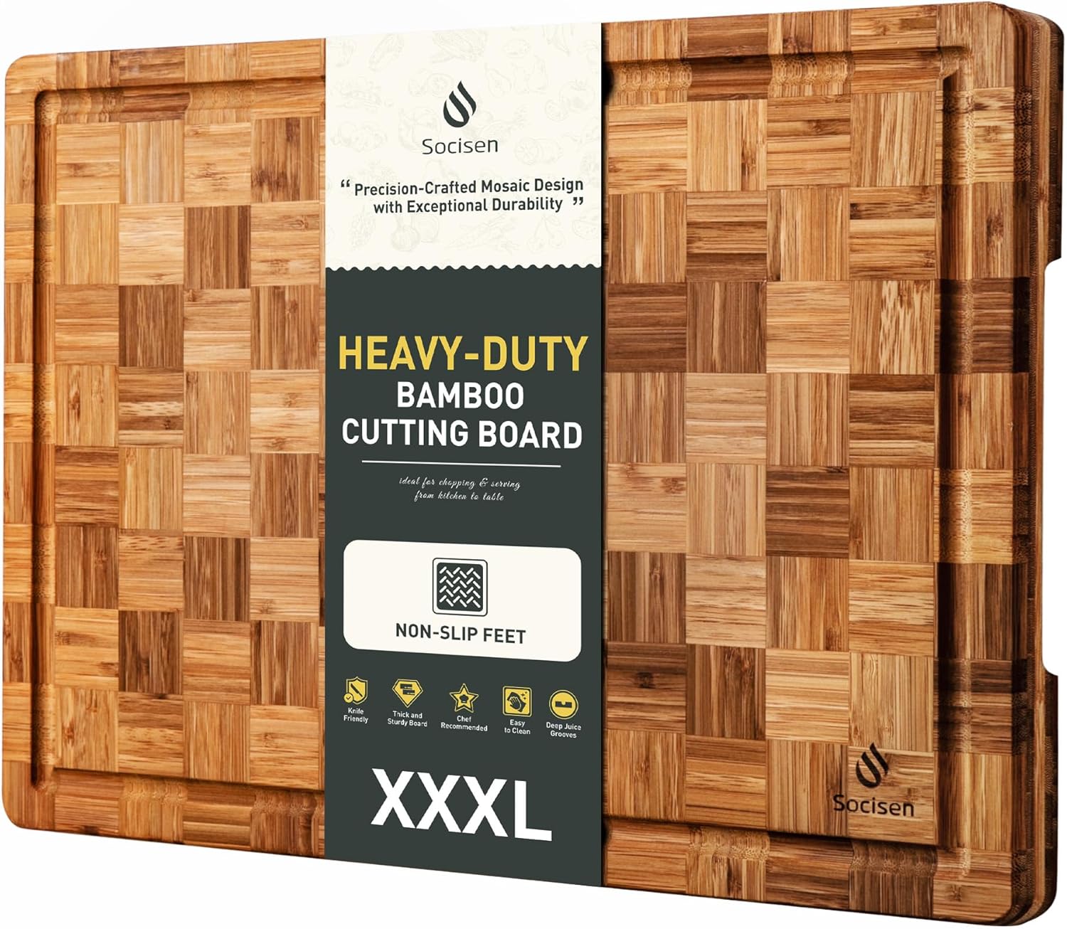 3 Pack Heavy Duty Bamboo Cutting Board Set Non Toxic Wooden Cutting Board for Kitchen Non Slip Solid End Grain Thick Wood Juice Groove Chopping Board Extra Large Big Small Best House Warming Gift
