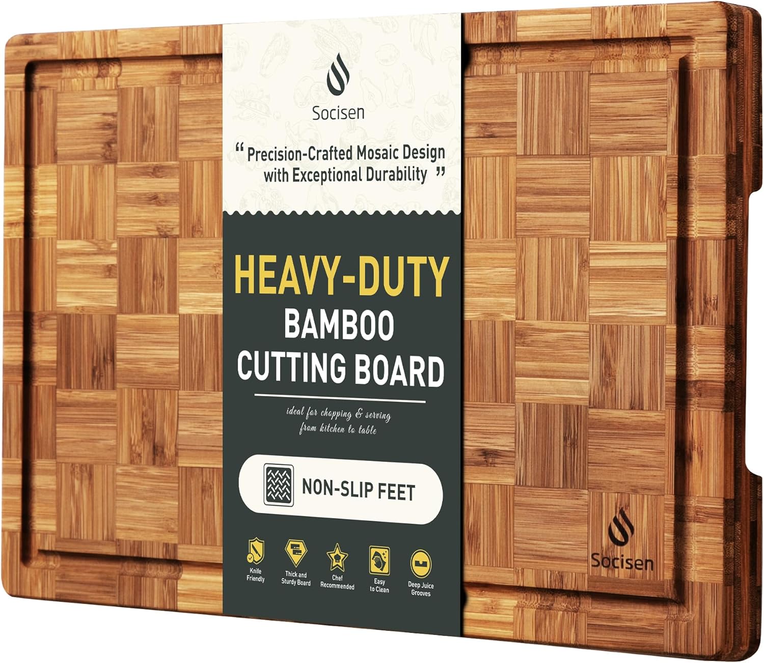 3 Pack Heavy Duty Bamboo Cutting Board Set Non Toxic Wooden Cutting Board for Kitchen Non Slip Solid End Grain Thick Wood Juice Groove Chopping Board Extra Large Big Small Best House Warming Gift