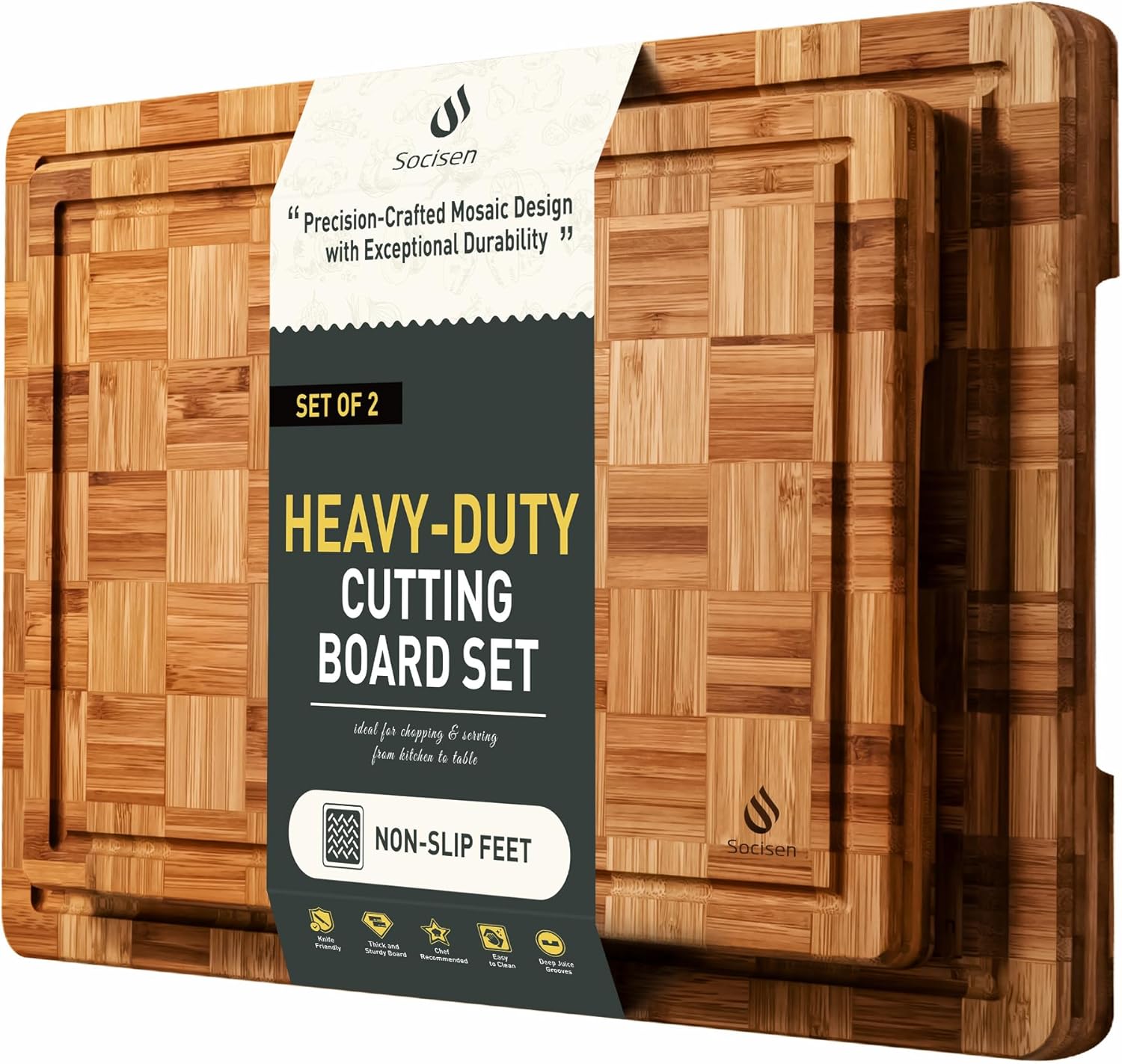 3 Pack Heavy Duty Bamboo Cutting Board Set Non Toxic Wooden Cutting Board for Kitchen Non Slip Solid End Grain Thick Wood Juice Groove Chopping Board Extra Large Big Small Best House Warming Gift